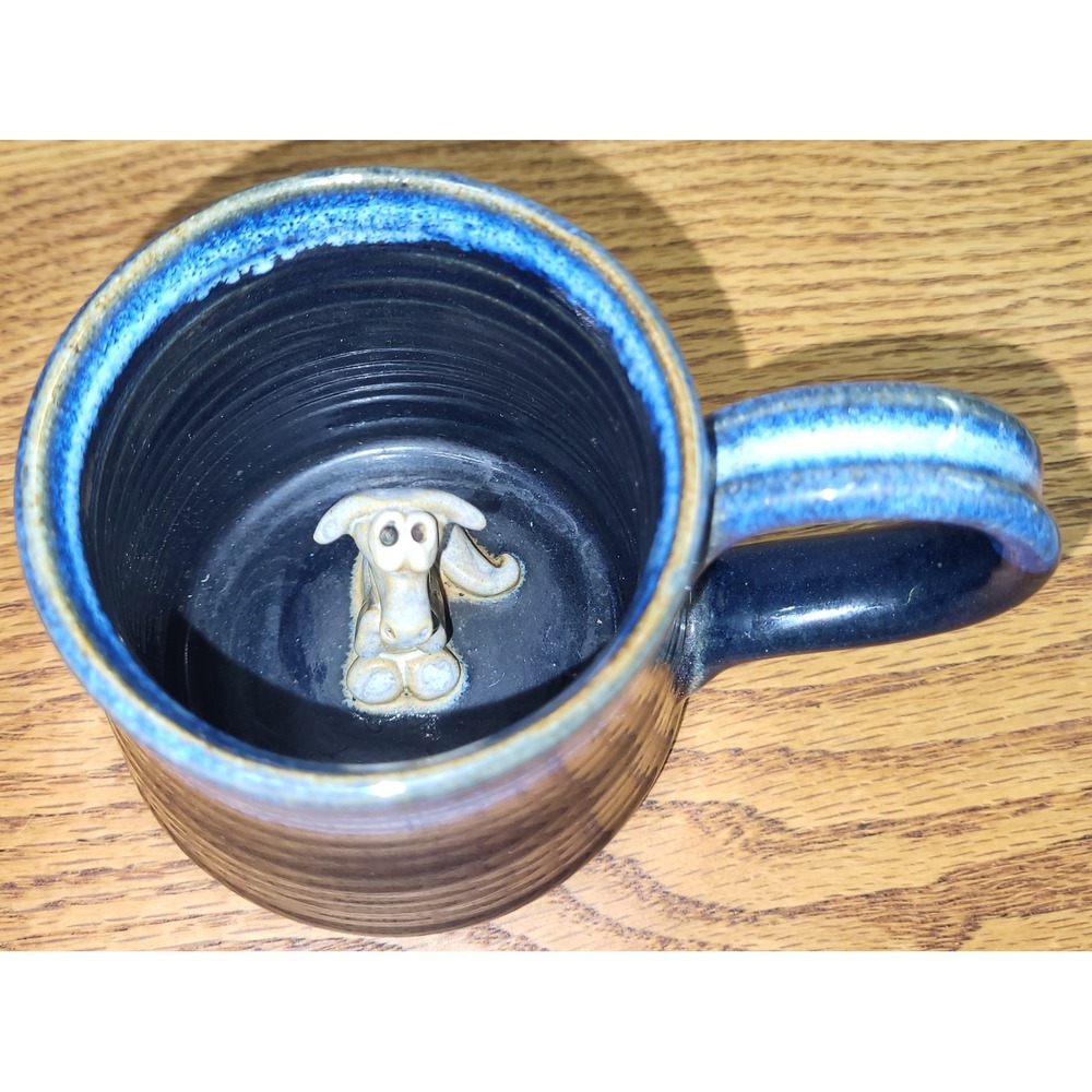 Clay Images Pottery Mug Blue Drip Glaze Donkey Surprise Bottom Studio Stoneware